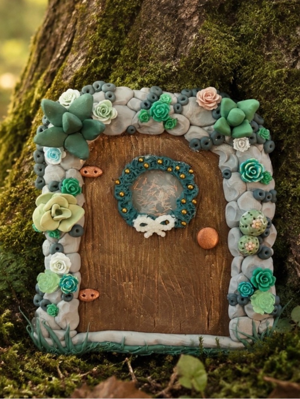 Miniature Fairy Door with Green Succulent & Floral Accents indoor/outdoor